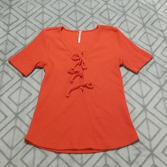 Free People Orange Ribbed Plunging Tie Boho Chic Vacation Short Sleeve Blouse - Picture 1 of 6